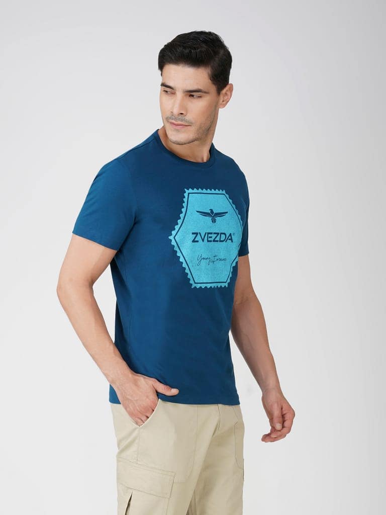 Premium Single Jersey Cotton Branded Round Neck Tee-Blue view 3