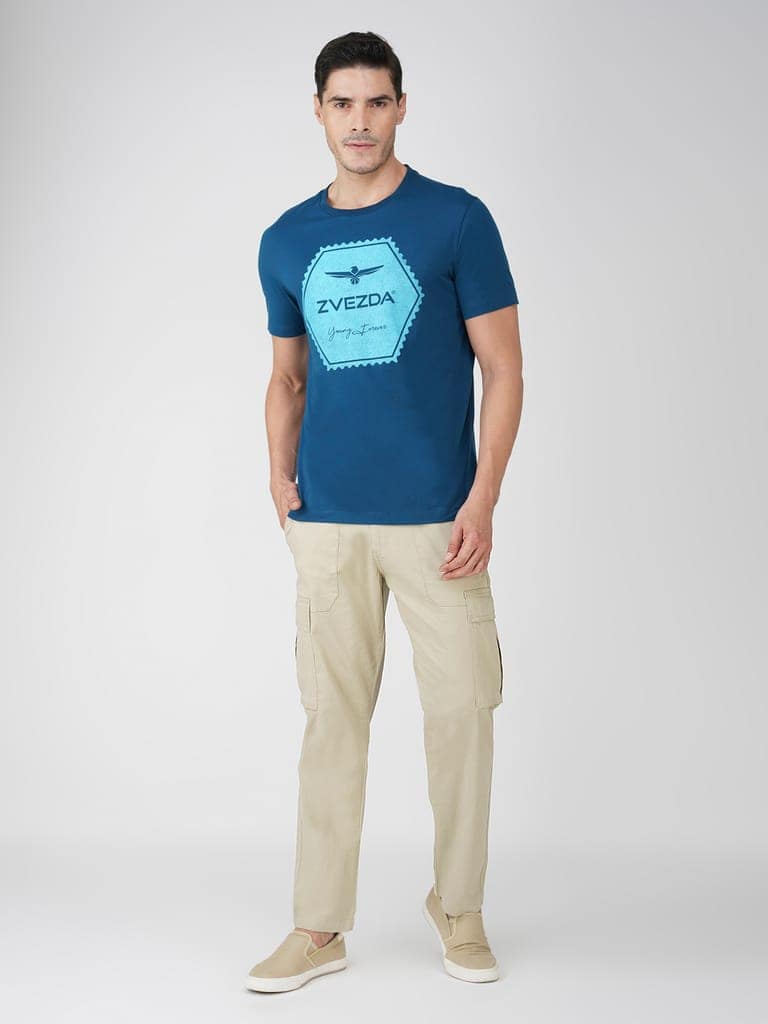 Premium Single Jersey Cotton Branded Round Neck Tee-Blue view 5