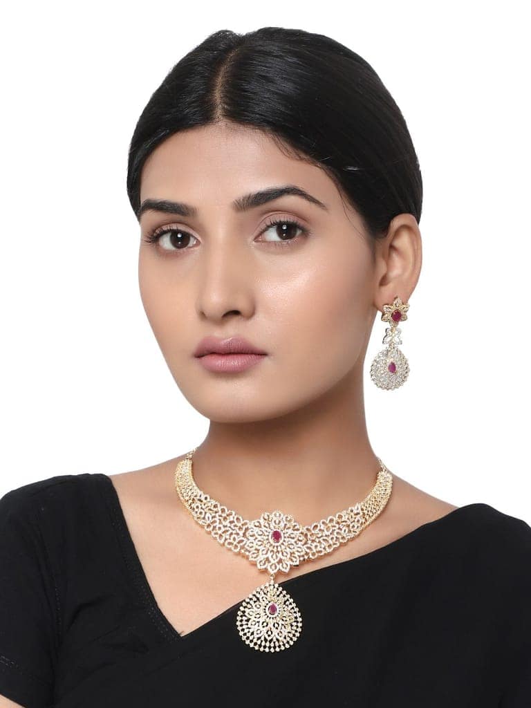 Cardinal Gold Plated Brass Ruby Stone American Diamond Necklace Set view 2