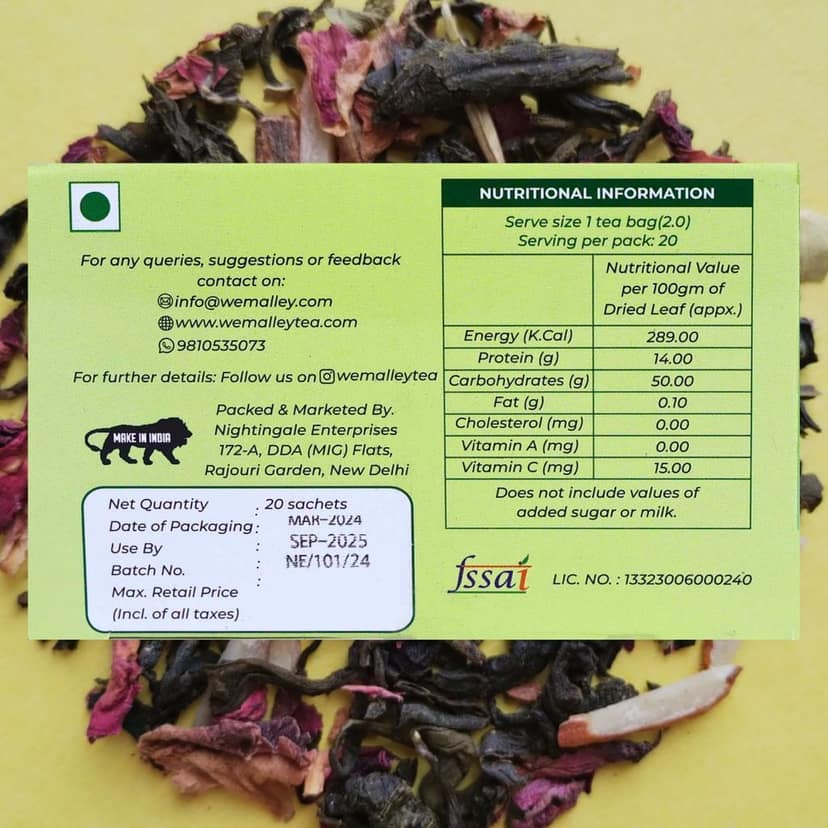 Wemalley Organic Kashmiri Kahwa Green Tea Teabags 40 grams| Improves Blood Circulation, Digestion, Heart & Skin Health| Mix of Saffron, Nuts & Rose Petals| 20 Teabags view 3