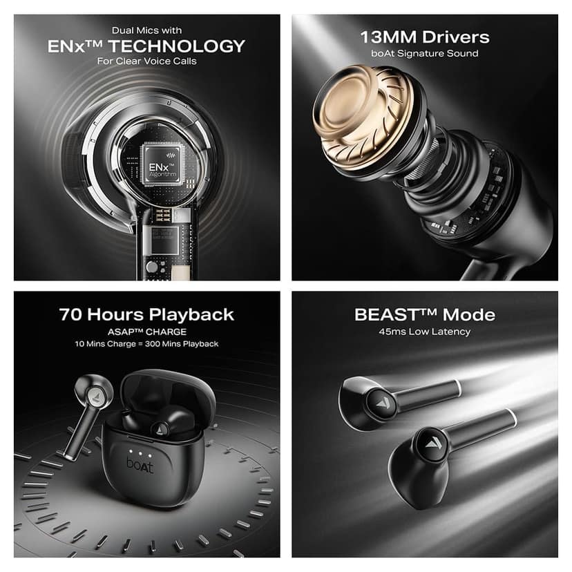 Boat Airdopes 138 Gen 2, 13mm Drivers, 70H Battery, ENx Tech, Beast Mode 45 ms Low Latency, ASAP Charge, Bluetooth Earbuds, TWS Ear Buds Wireless Earphones with mic (Carbon Black) view 4