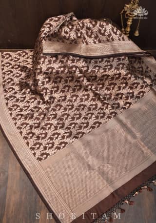 Exquisite Pure Katan Silk Banarasi Saree with Jaal Weave in Brown | SILK MARK CERTIFIED
