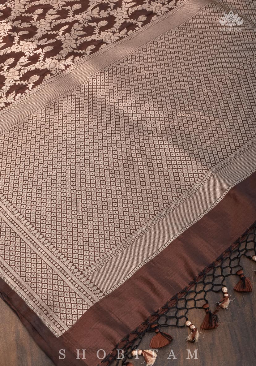Exquisite Pure Katan Silk Banarasi Saree with Jaal Weave in Brown | SILK MARK CERTIFIED view 5