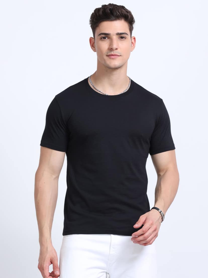 Cotton T-Shirt | Ultrafine Single Jersey | 180 GSM | Biowashed | Eco-Friendly | 100% cotton | Plain tshirt | Black Colour | Size - S (38 Chest / 26 length ) view 3