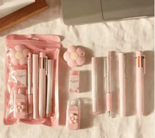 7 Piece Cute Stationery Kit, Complete School and Office Supplies Set for Students, (Pink)