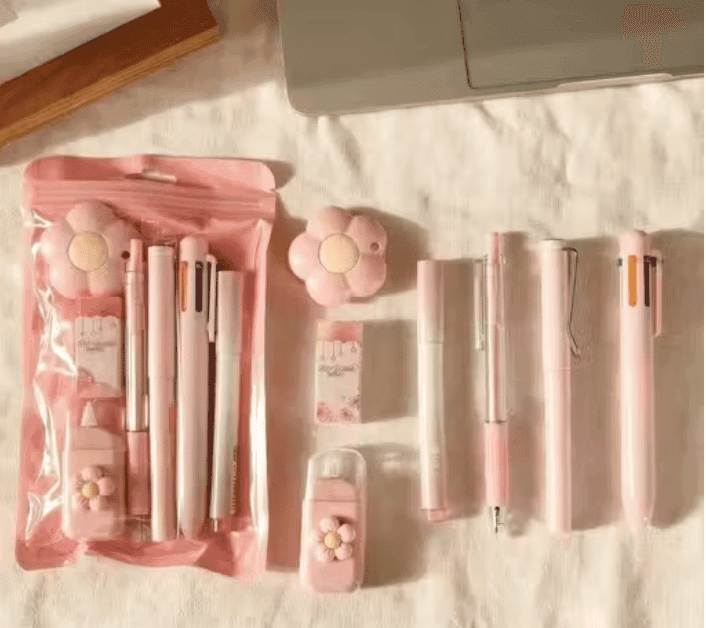 7 Piece Cute Stationery Kit, Complete School and Office Supplies Set for Students, (Pink)