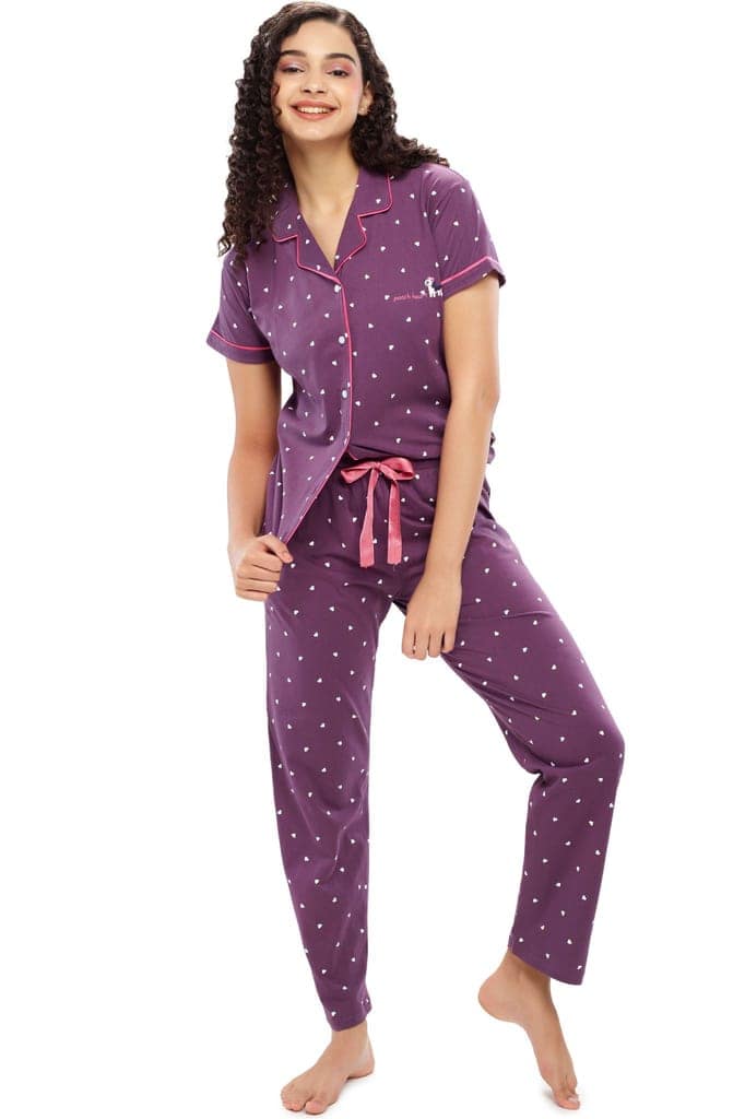 ZEYO Women's Cotton Blue Heart Printed Night suit set view 2