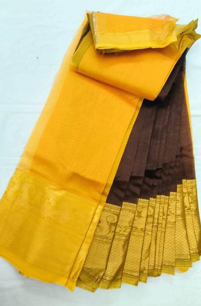 Yellow and Brown Pure Handloom Kanchipuram Silk Saree With Blouse Piece