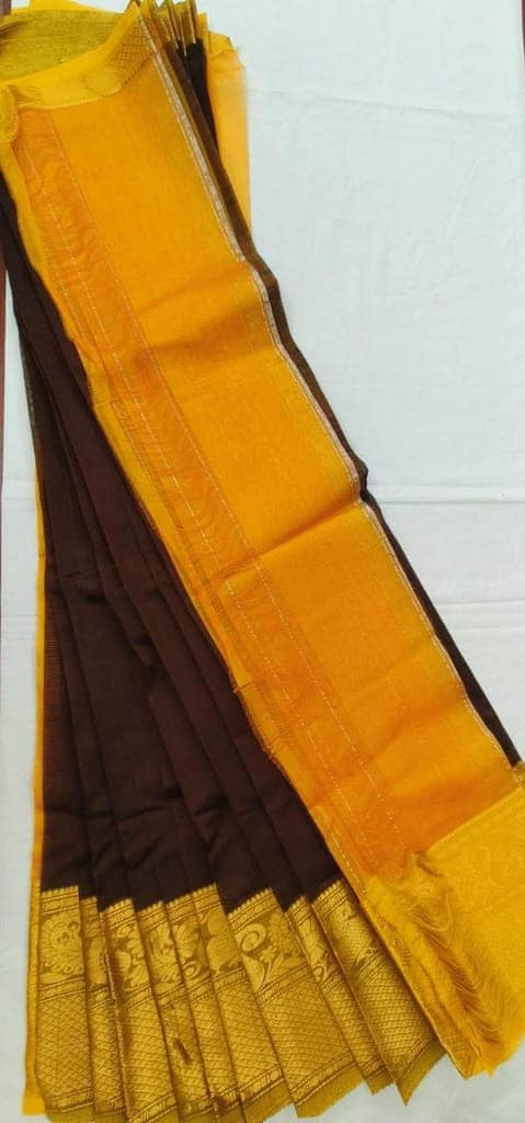 Yellow and Brown Pure Handloom Kanchipuram Silk Saree With Blouse Piece view 2