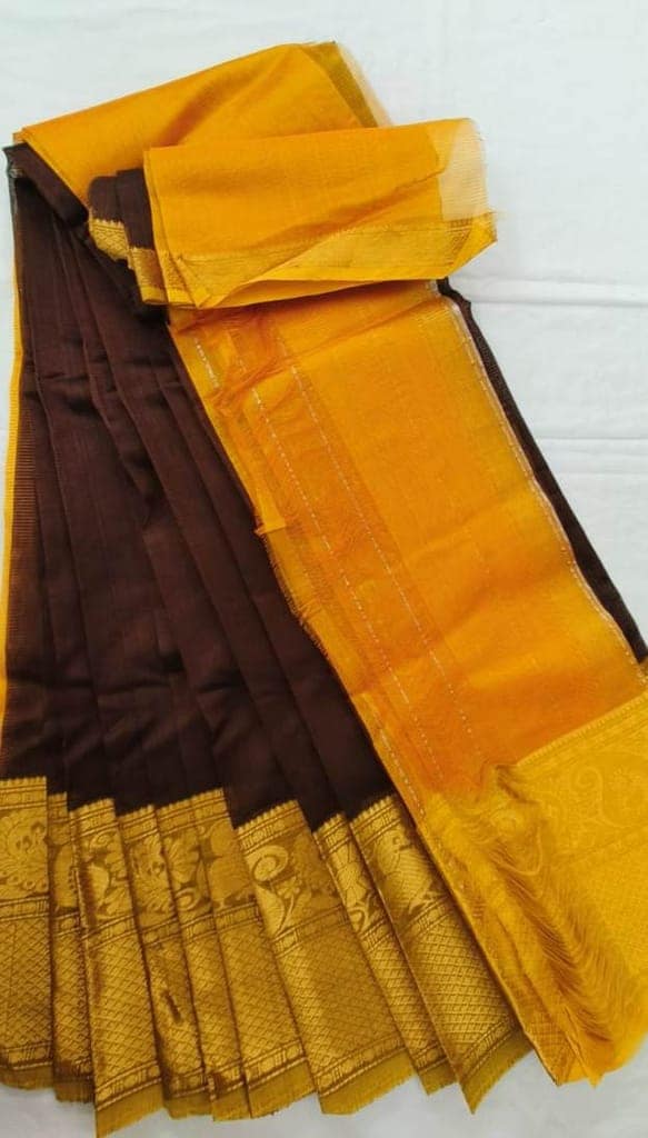 Yellow and Brown Pure Handloom Kanchipuram Silk Saree With Blouse Piece view 3