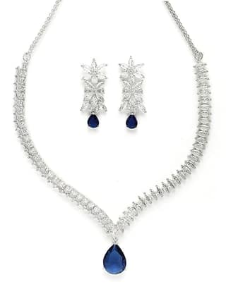 Elegant Silver Plated Blue American Diamond Necklace Set for Women
