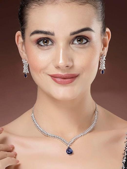 Elegant Silver Plated Blue American Diamond Necklace Set for Women view 2