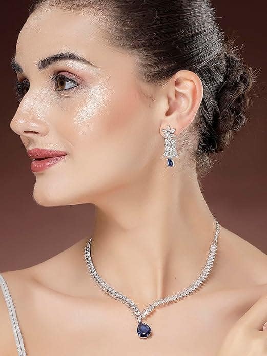 Elegant Silver Plated Blue American Diamond Necklace Set for Women view 3