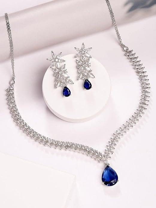 Elegant Silver Plated Blue American Diamond Necklace Set for Women view 4