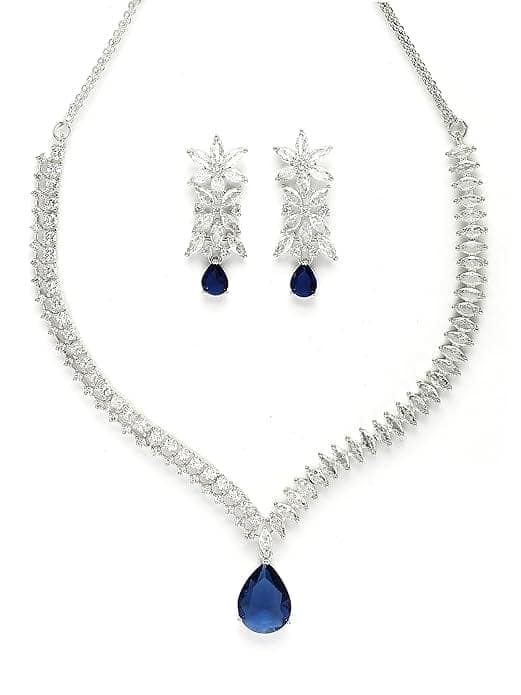 Elegant Silver Plated Blue American Diamond Necklace Set for Women view 5