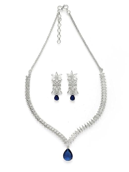 Elegant Silver Plated Blue American Diamond Necklace Set for Women view 6