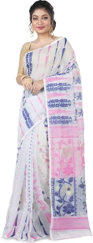 GitAsit Self Design Jamdani Cotton Blend Saree (White)