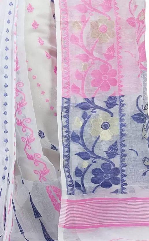 GitAsit Self Design Jamdani Cotton Blend Saree (White) view 2