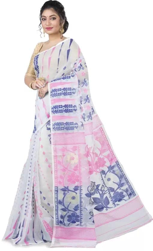 GitAsit Self Design Jamdani Cotton Blend Saree (White) view 3