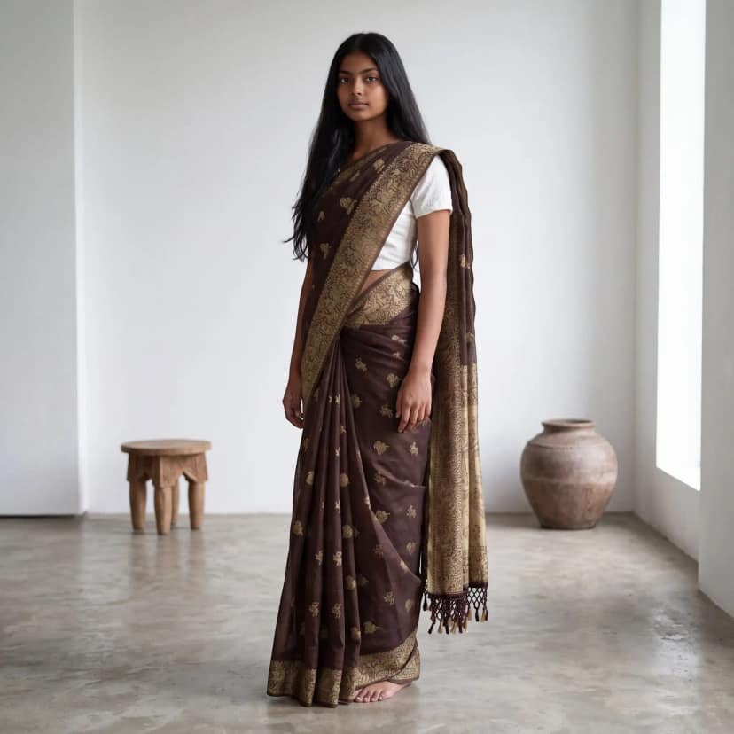 Bomkai Sonepuri Dark Brown Cotton Saree Tribal Village Pallu view 2