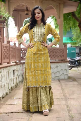 Bagru Handblock Print Cotton Kurta Skirt Set – Mustard
