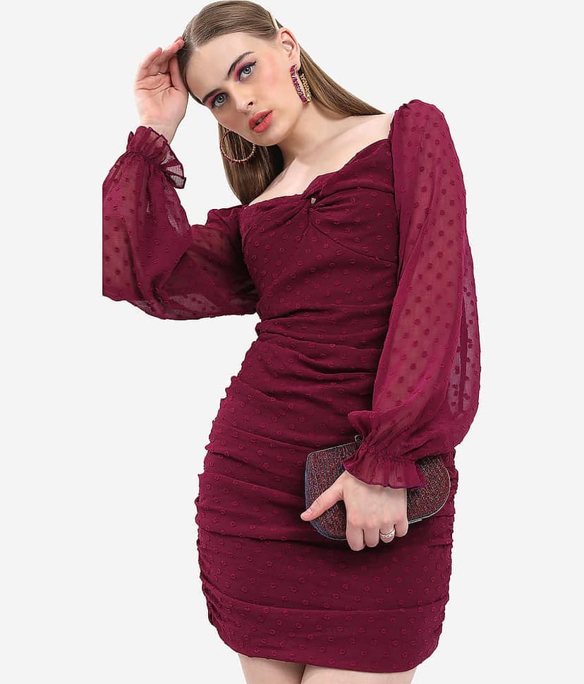 Ketch Women Polyester Self Design Bodycon Dress ( Burgundy )