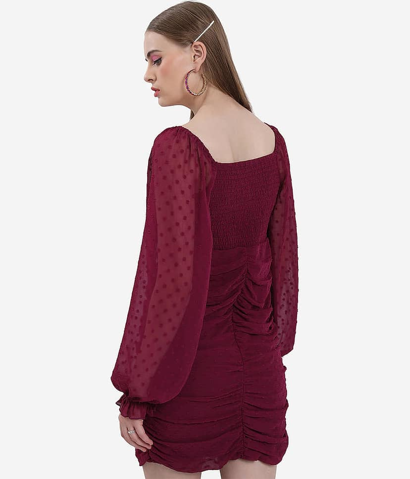 Ketch Women Polyester Self Design Bodycon Dress ( Burgundy ) view 4