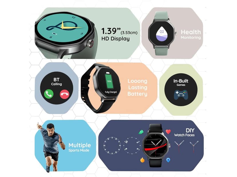 Pebble Hive Smart Watch 1.39" HD Octa Display, BT Calling, Health Suite, DIY Watch Face, World Clock - Green view 2