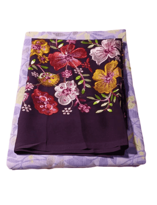 Purple and Lavender Embroidered Chiffon Saree with Blouse Piece