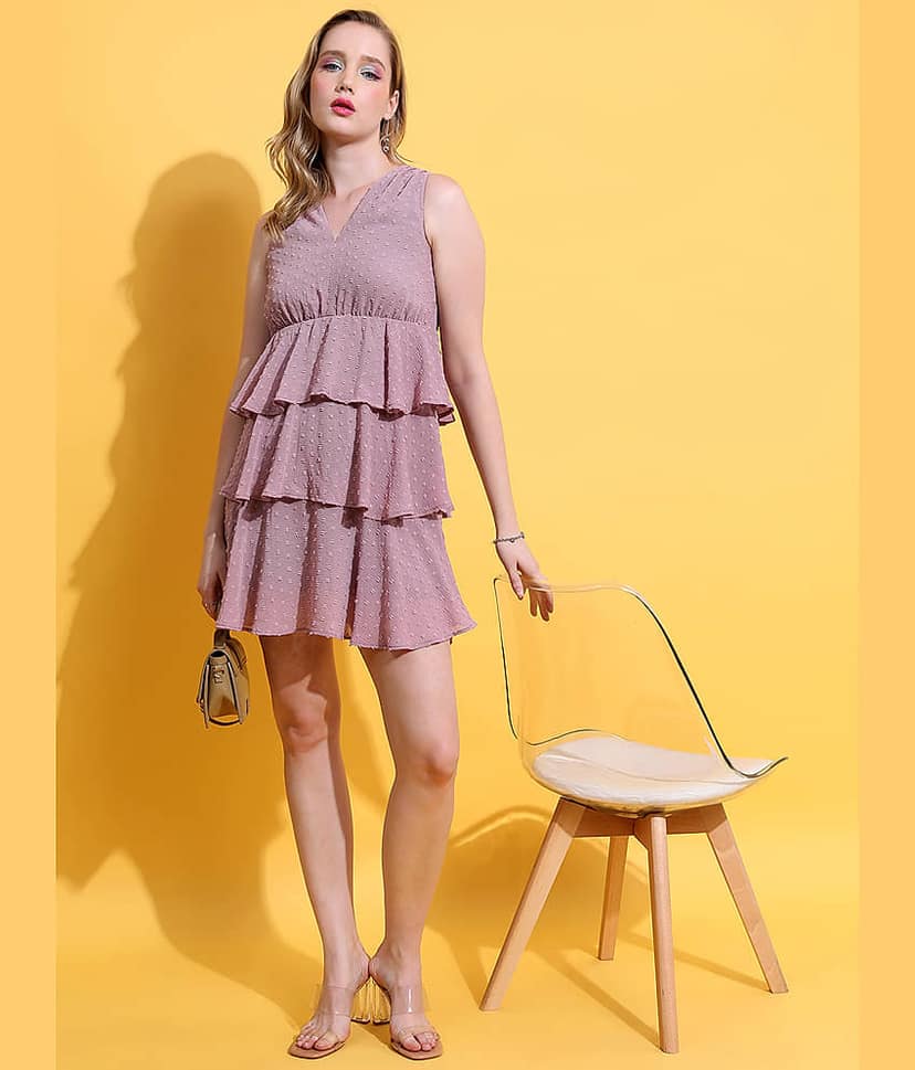 Tokyo Talkies Women Polyester Self Design Fit & Flare Dress ( Purple ) view 2