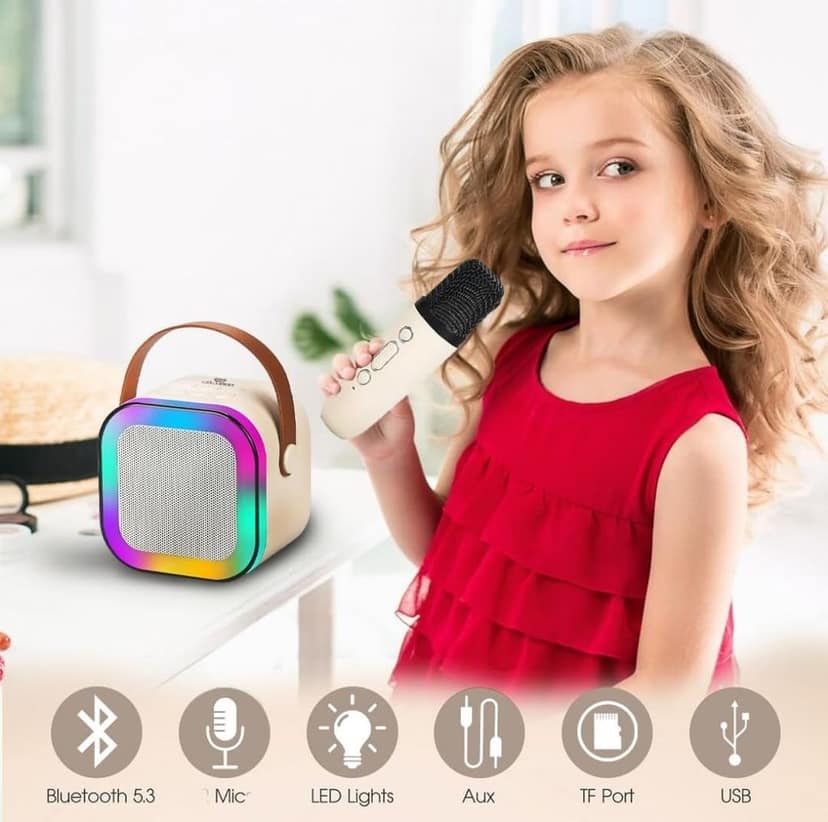 Wireless Bluetooth Karaoke Microphone and Speaker Set, Pink, Portable Design with LED Rainbow Lights, USB Rechargeable view 3