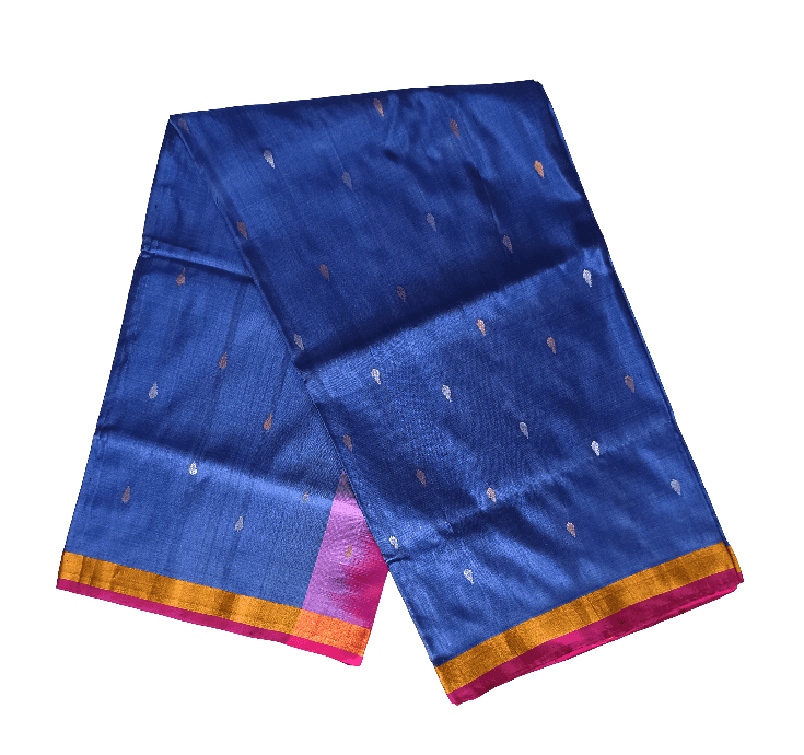 Royal Blue Upadda Jamdani Pattu Saree with Golden & Pink Border - Handloom Buti Design view 2