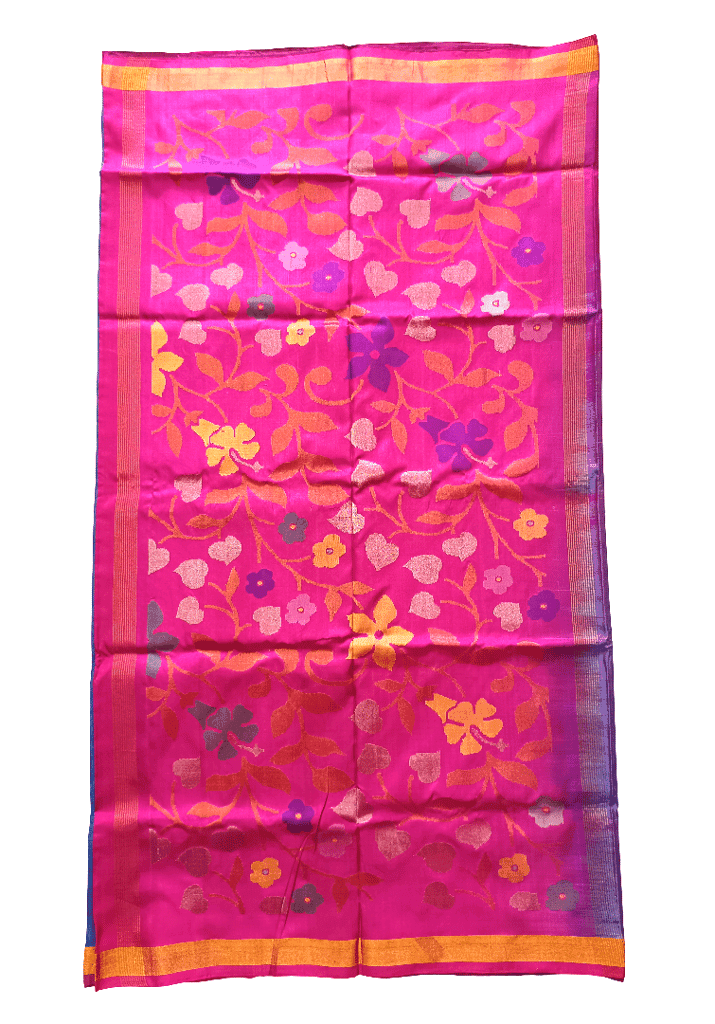 Royal Blue Upadda Jamdani Pattu Saree with Golden & Pink Border - Handloom Buti Design view 3