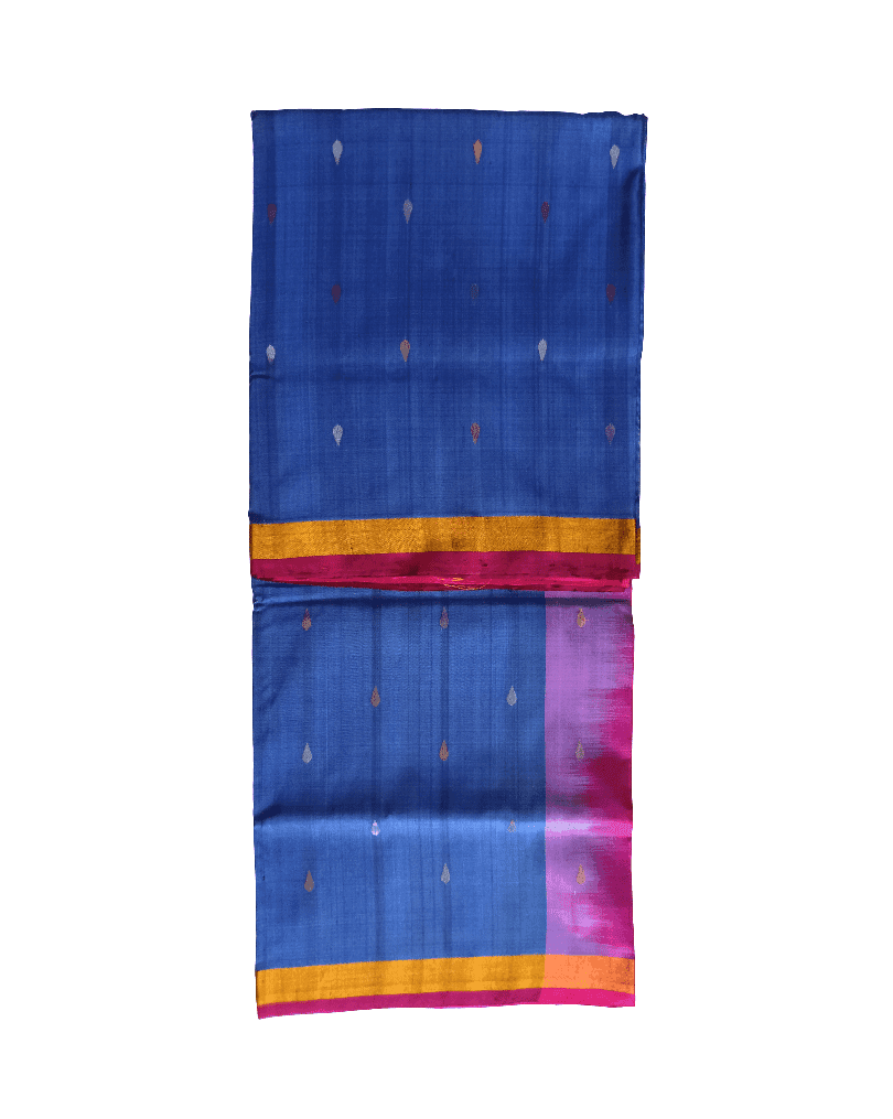 Royal Blue Upadda Jamdani Pattu Saree with Golden & Pink Border - Handloom Buti Design view 5