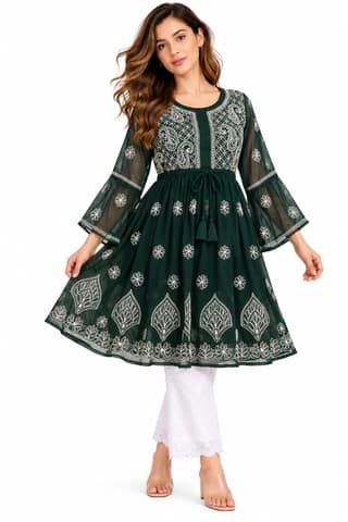 Mrs Right Women’s Short Georgette Gown Frock with Handcrafted Lucknowi Chikankari Embroidery | Umbrella Sleeves | Adjustable Waist Belt | Thigh Length