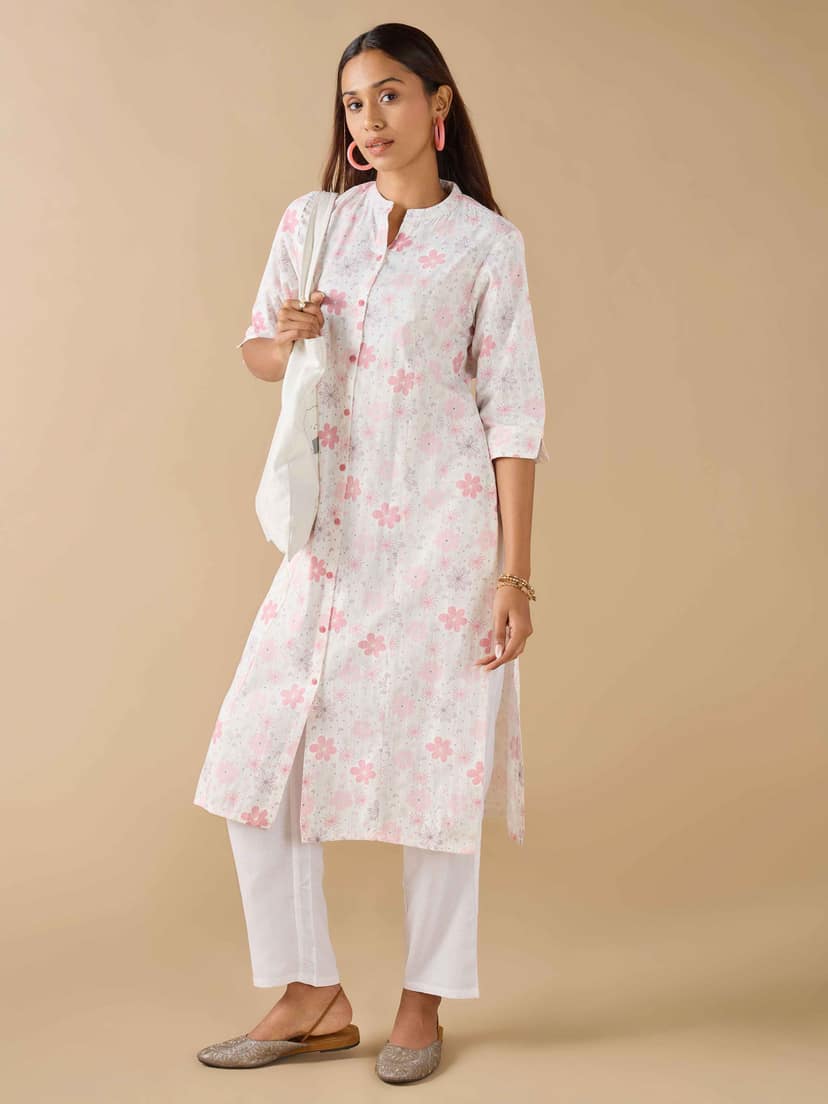 White Cotton Dobby Printed Kurti With Princess Cut