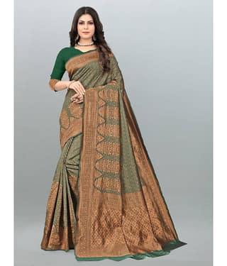 Om Shantam Sarees Banarasi Silk Embellished Saree With Unstitched Blouse Piece ( Green )