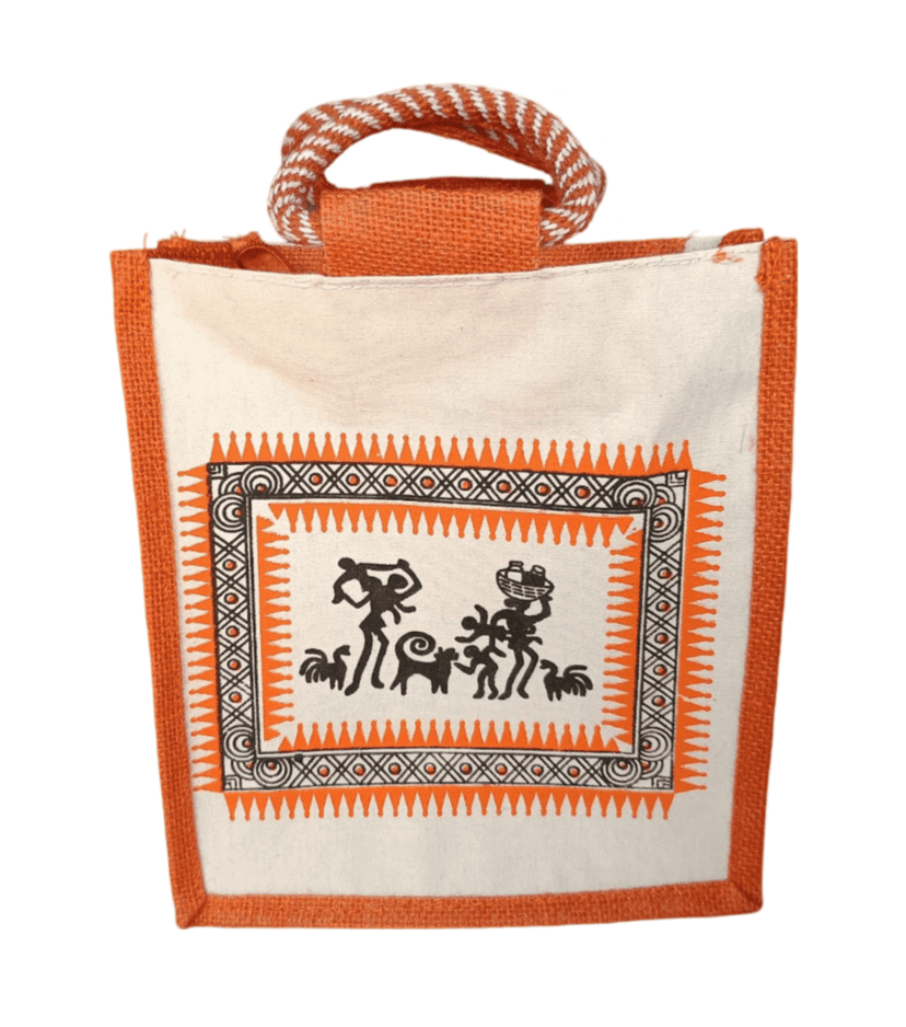 Handcrafted Orange Jute Tote Bag with Warli Painting - Eco-Friendly and Reusable Shopping Bag (Medium)