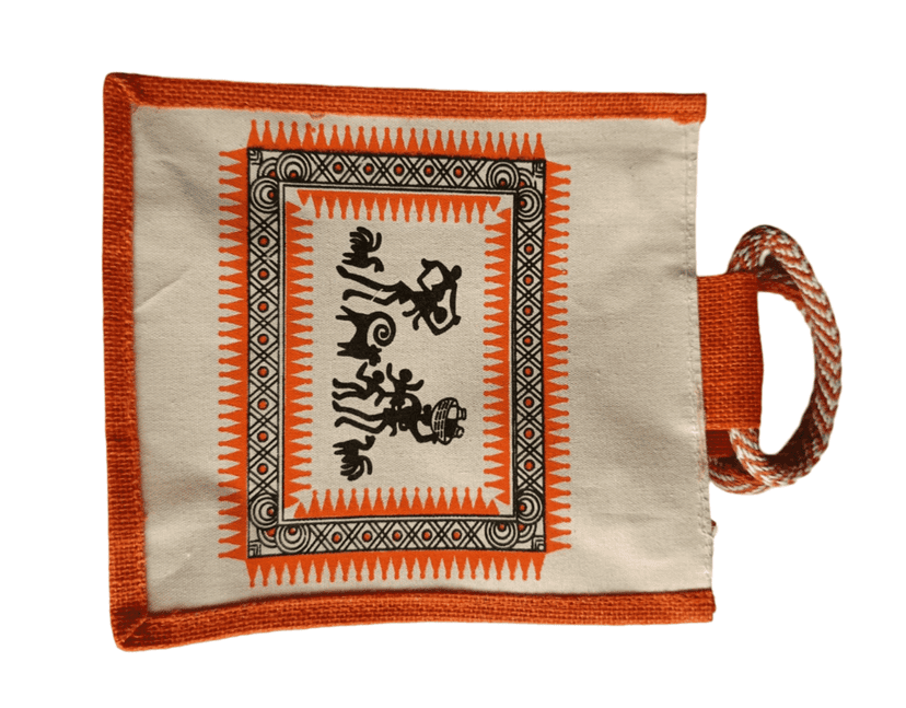 Handcrafted Orange Jute Tote Bag with Warli Painting - Eco-Friendly and Reusable Shopping Bag (Medium) view 4
