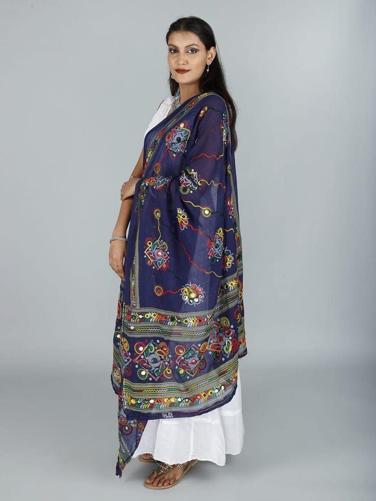 Navy Printed Dupatta from Kutch with Hand-Embroidered Florals and Mirrors view 4