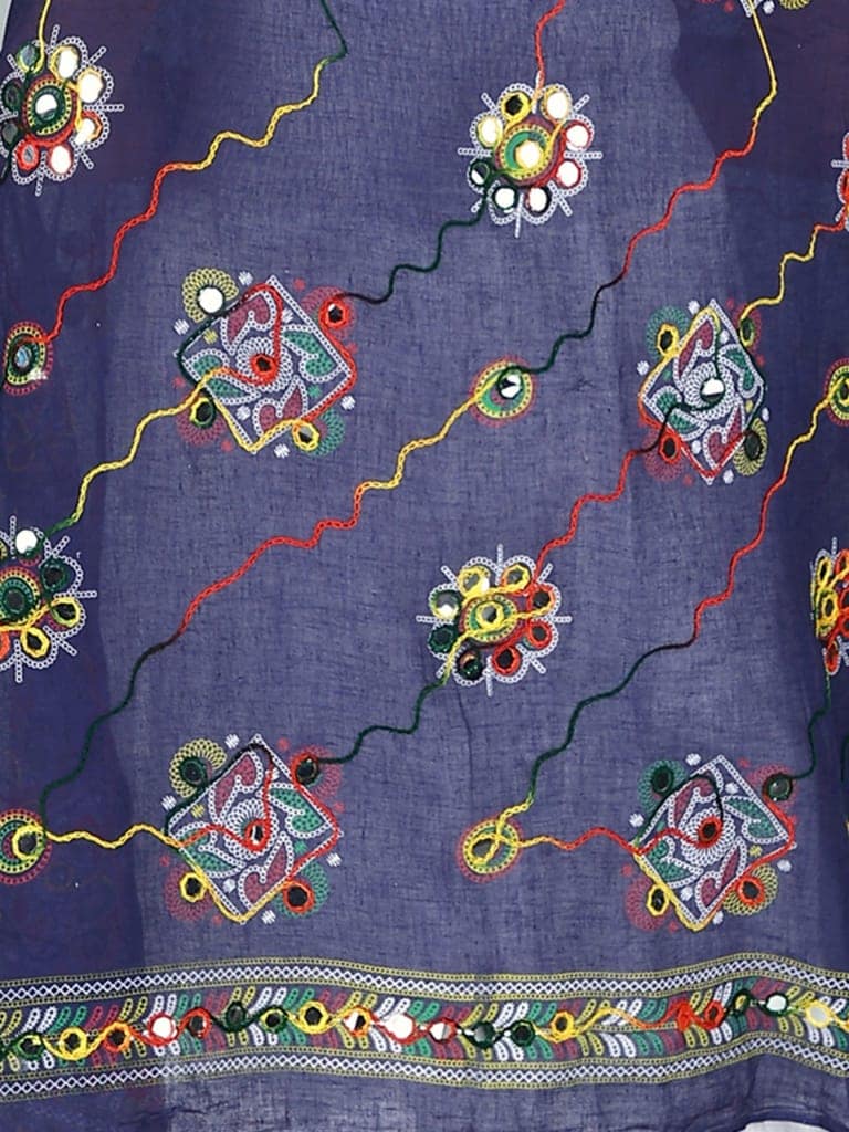 Navy Printed Dupatta from Kutch with Hand-Embroidered Florals and Mirrors view 5