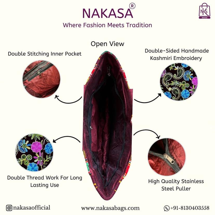 NAKASA Women's Kashmiri Handmade Flower Embroidery Regular Maroon Tote Bag view 4