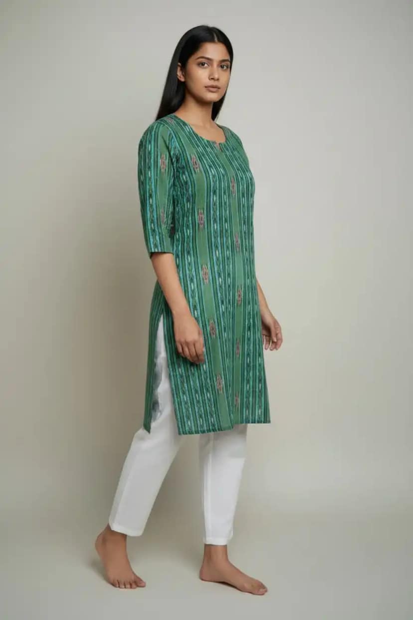 Sambalpuri Ikat Green Cotton Kurti view 3