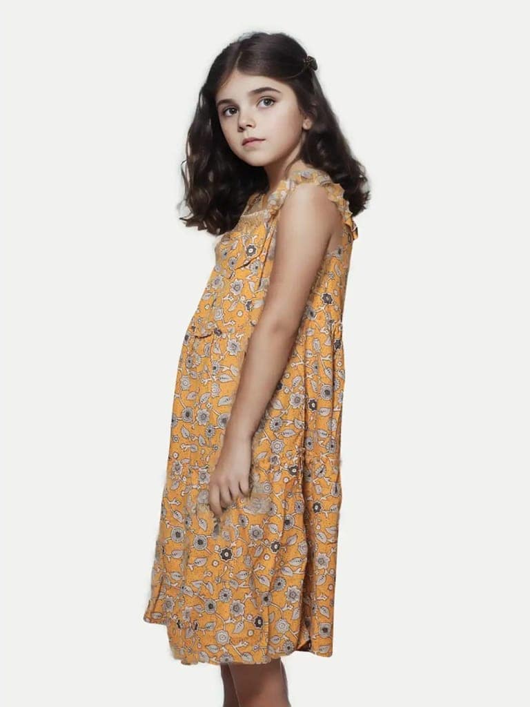 Girls Yellow Floral Printed Dress view 2