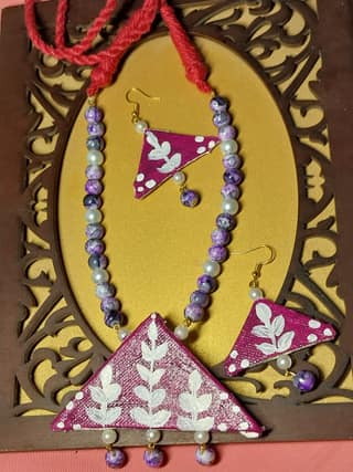 Handmade Handpainted Jewellery with Glass Beads On Canvas Base Including Hanging Earrings