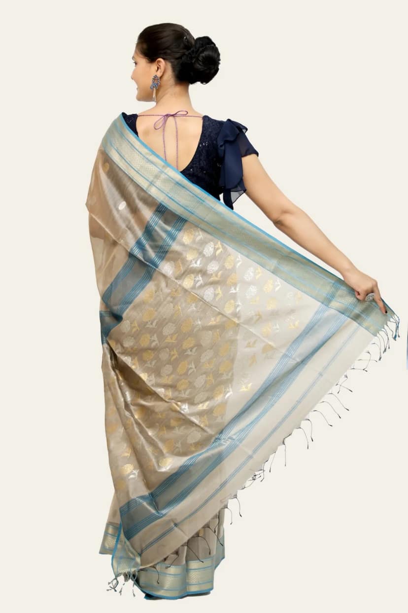 Sensuous Heritage Coin motif handwoven Saree with Tassels – Tussar view 4