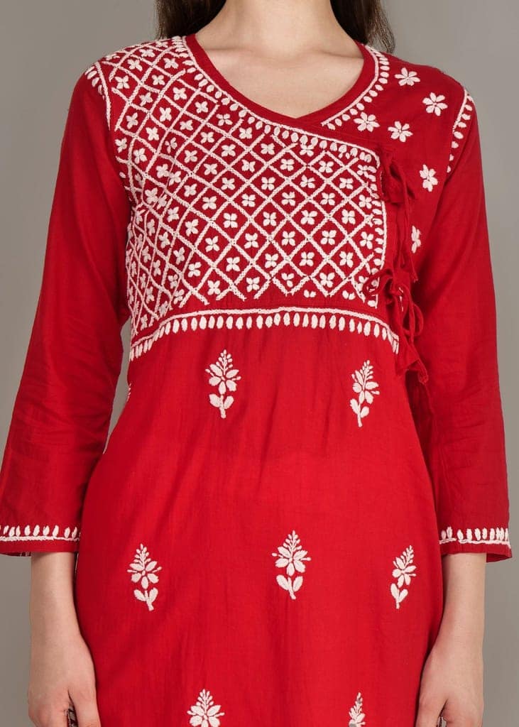 Pure Cotton Hand Embroided Lucknow Chikankar Angrakha Style Kurta - Red view 6