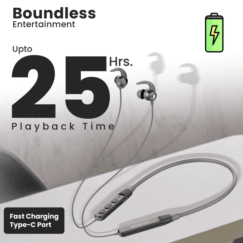 Cellecor Wireless Waterproof Neckband with 25 Hrs playtime Headphone Bluetooth - Grey view 3