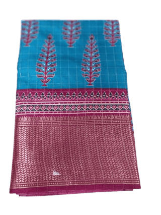 Blue and maroon cotton silk saree with zari border 5.5 meters with combined blouse