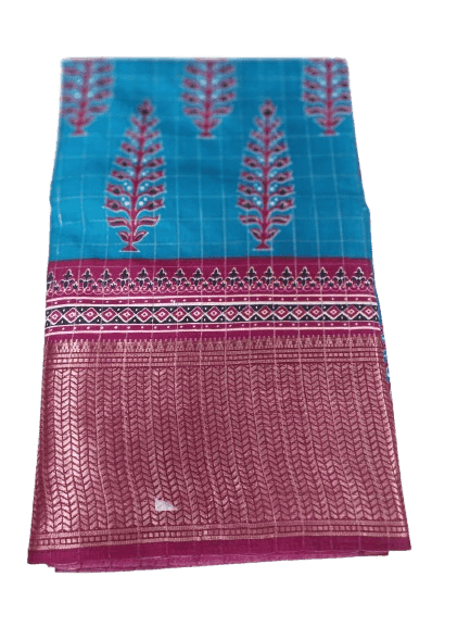 Blue and maroon cotton silk saree with zari border 5.5 meters with combined blouse view 3